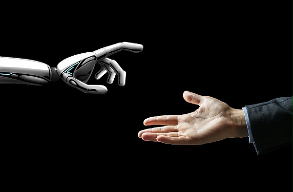 摄图网_300128044_人工智能,未来技术通信机器人人类移交黑色背景机器人人类的手闪过黑色的光机器人人类的手闪过黑色的光（企业商用）